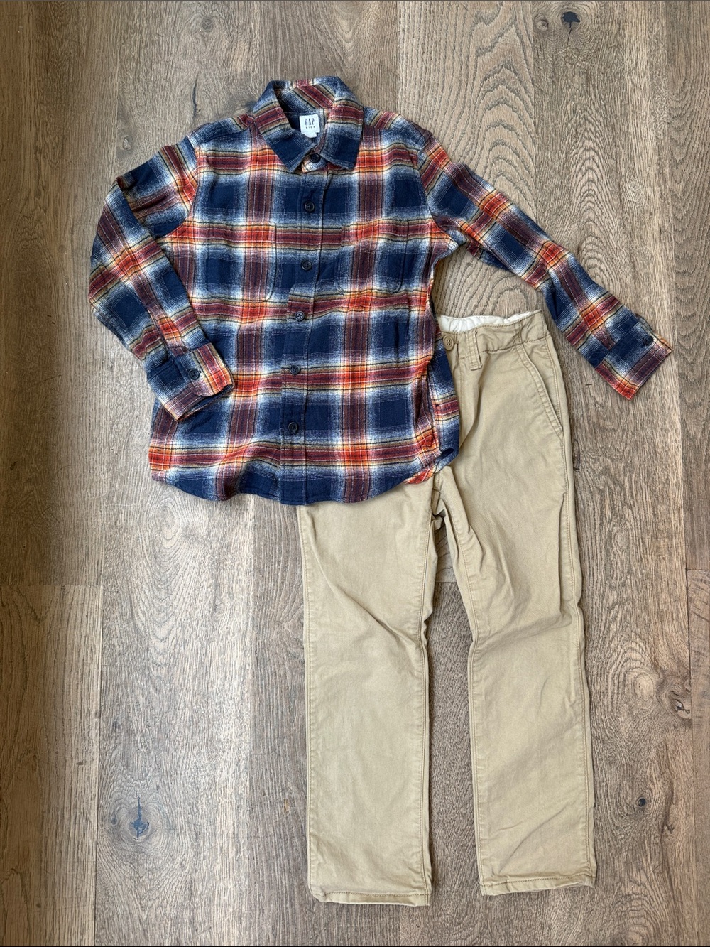 GAP Multicolor Plaid Flannel Shirt and Tan Chino Pants